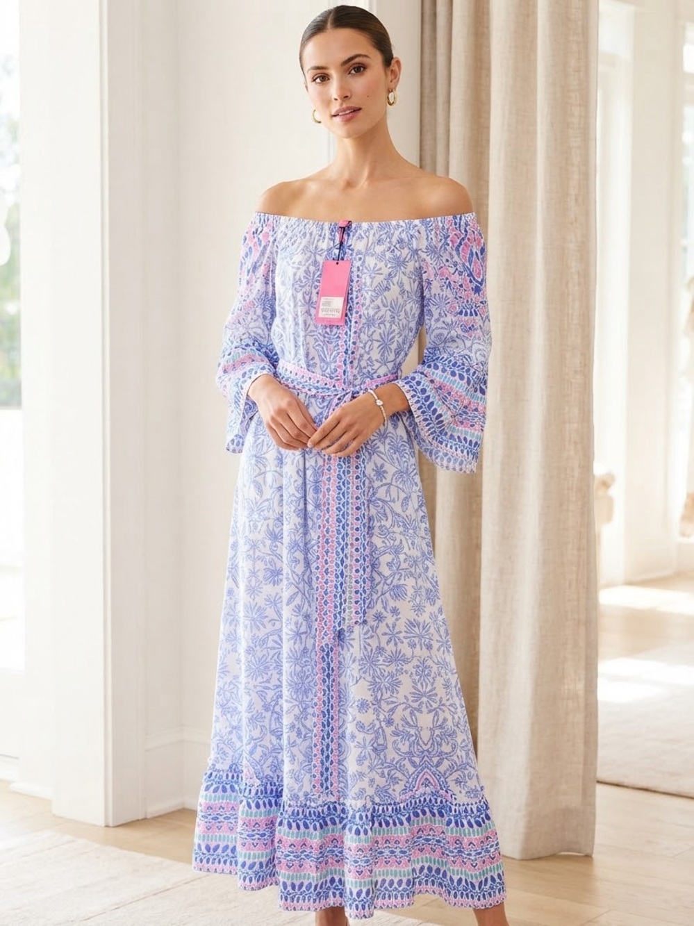 Lilly Pulitzer White Maxi Dress with Pink & Blue Floral Print